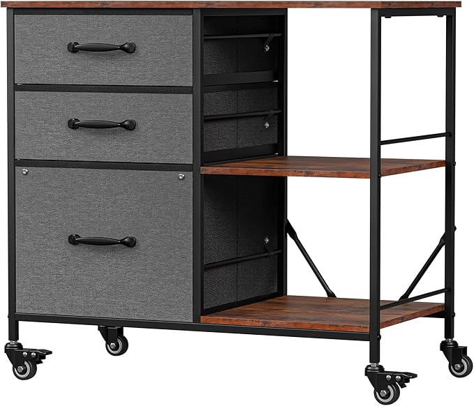 JungleA 3 Drawer Mobile File Cabinet, with 3 Fabric Drawers and 2 Shelves, Mobile Storage Organizer Cart for Office, Study Room, Library, Dark Gray