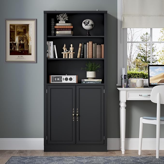 70.1" Tall Bookshelf with Cabinet, 5-Tier Floor Standing Bookcase with Doors & Adjustable Shelves, 31.5" Wide Storage Shelf, Metal Handles, Modern Organizer for Home Office, Living Room