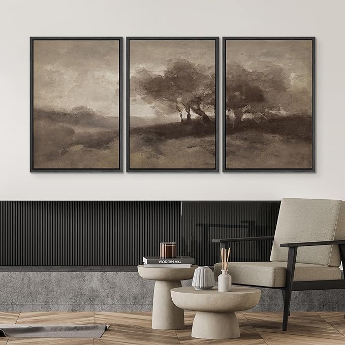 SIGNWIN Framed Canvas Print Wall Art Set Sepia-Toned Abstract Trees Vintage Landscape Illustrations Modern Art Decorative for Living Room, Bedroom, Office - 24"x36"x3 Black