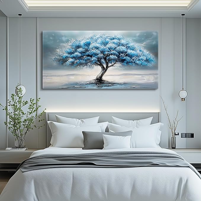 FUHAIHUA Farmhouse Wall Decor For Living Room Large Canvas Wall Art For Bedroom Office Decorations Blue Tree Paintings Abstract Wall Pictures Artworks Ready To Hang Home Decor Mural Art 24"X48"