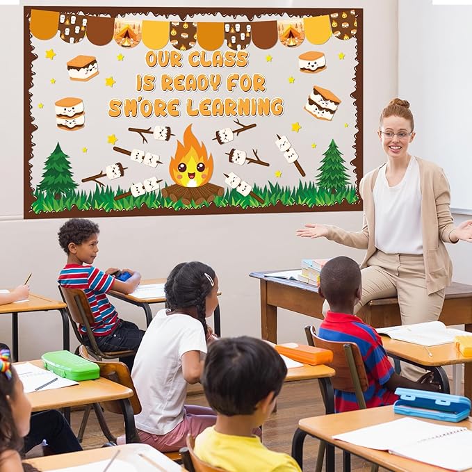 gisgfim Back to School Marshmallow S'More Bulletin Board Decoration Cookies Campfire Marshmallow Cutouts Woodland Camping Bulletin Board Border Set for Classroom School Chalkboard Wall Decor Supplies