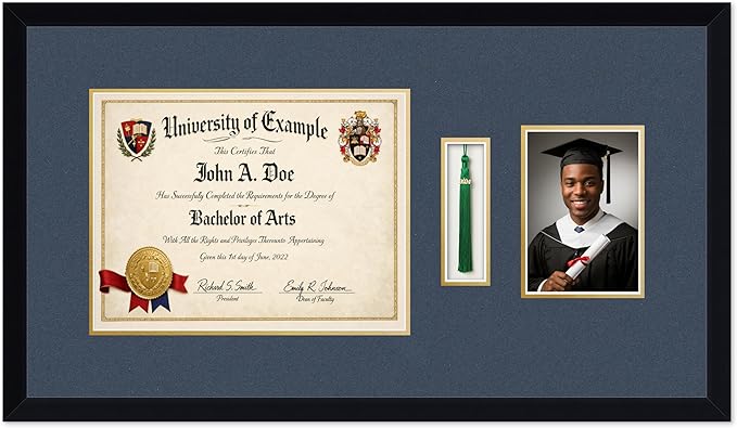 CountryArtHouse Diploma Tassel and Photo Shadowbox Fits 13 x 10 College Diploma (Traditional) with TASS Matte Black Genuine Hardwood with Navy Blue Over Metallic Gold Double mat