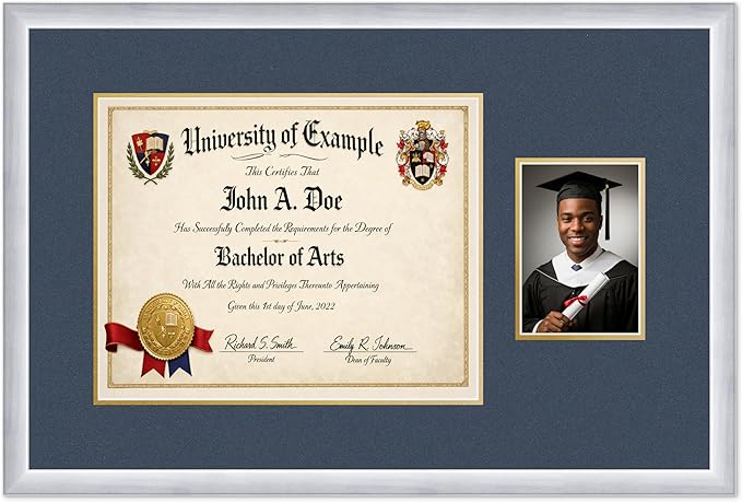 CountryArtHouse Fits 15 x 12 Military/Government and 5 x 7 Photo Diploma and Photo Frame Stainless Silver Genuine Hardwood with Navy Blue Over Metallic Gold Double mat
