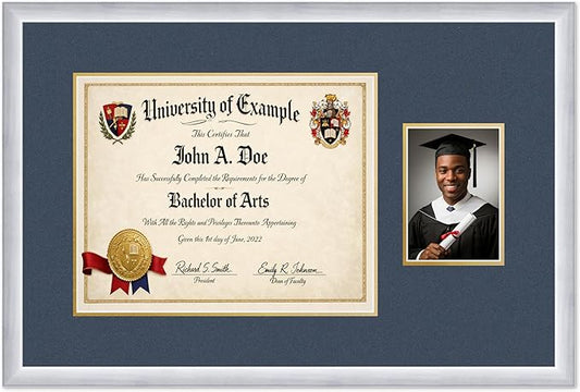 CountryArtHouse Fits 15 x 12 Military/Government and 5 x 7 Photo Diploma and Photo Frame Stainless Silver Genuine Hardwood with Navy Blue Over Metallic Gold Double mat