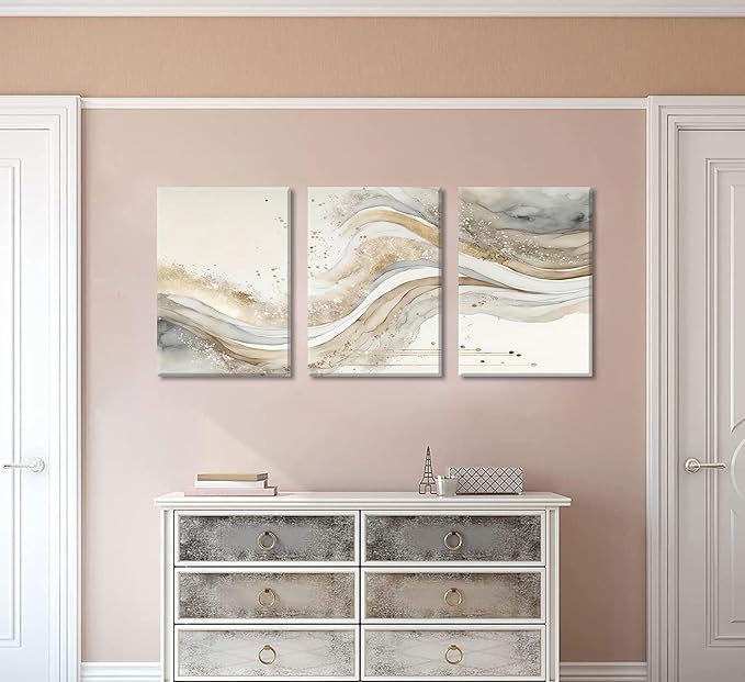 3Pcs Gold Abstract Marble Canvas Wall Art Modern Grey and Gold Fluid Painting Picture Wall Decor neutral Marble Poster Print Artwork for Bedroom Living Room Office Hotel Home Decoration
