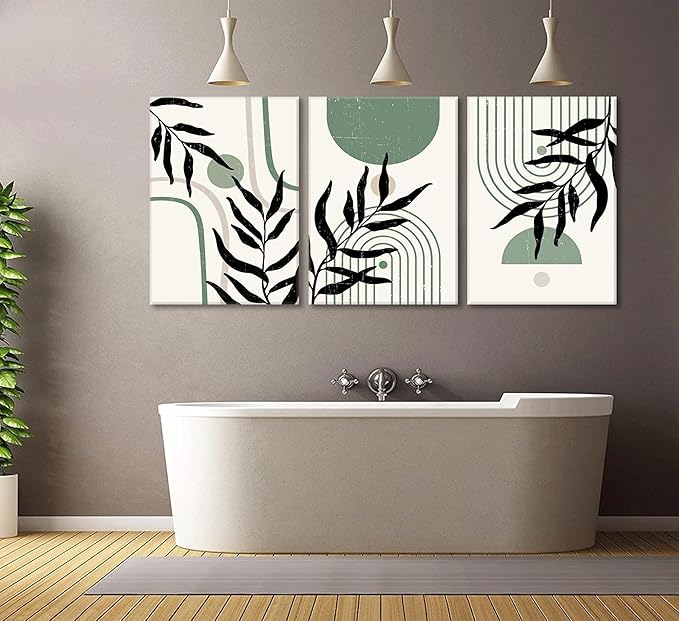 XXOUYLQ 3PCS Boho Sage Green Canvas Wall Art, Modern Boho Abstract, Mid Century Wall Painting, Green Black Beige Poster, Framed, Ready To Hang