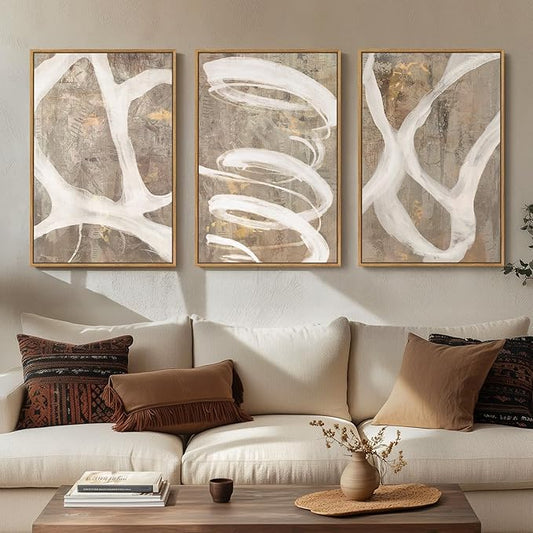 Large Framed Neutral Abstract Wall Art, Set of 3 Piece Modern Canvas Prints Paintings Artwork for Walls, Minimalist Beige Taupe White Pictures for Living Room Dining Bedroom Hallway Wall Decor 20x30In