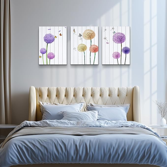 MHARTK66 Wall Art for Bedroom Wall Art Set of 3, Minimalist Wall Art Colorful Dandelion Canvas Artwork Paintings, Abstract Botanical Pictures for Modern Farmhouse Kitchen Bathroom Office,12"x16"