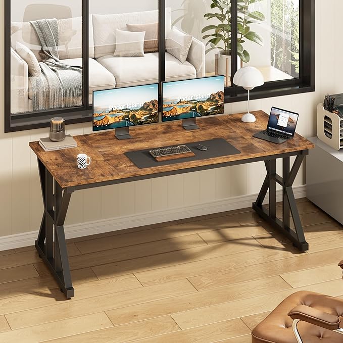 TVU Computer Desk, 55 inch Large Office Desk, Study Writing Table with Thicken Frame, Gaming Desk, Modern Simple Desk for Home Office, Rustic Brown