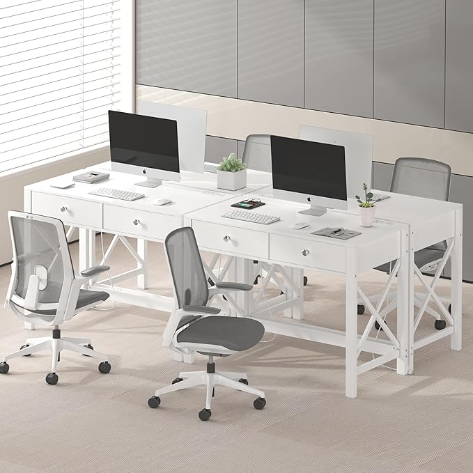 WiberWi Home Office Desk with Drawers, White Modern Writing Computer Desk with Power Outlets, Small Makeup Vanity Table for Bedroom, Study Table for Home Office