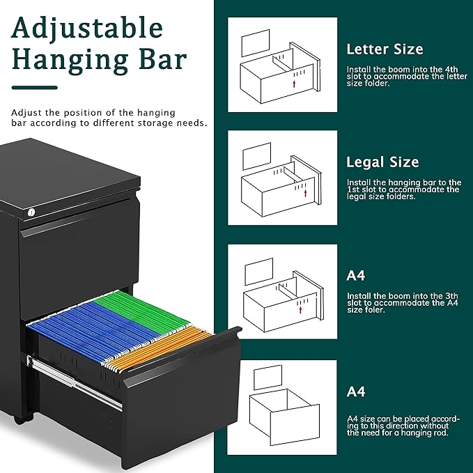 2 Drawer Mobile File Cabinet with Lock,Rolling File Cabinet, Under Desk Mobile Filing Cabinet,File Cabinets for Home Office,Storage 2 Drawer Mobil Filing Cabinet for A4/Legal/Letter,Balck