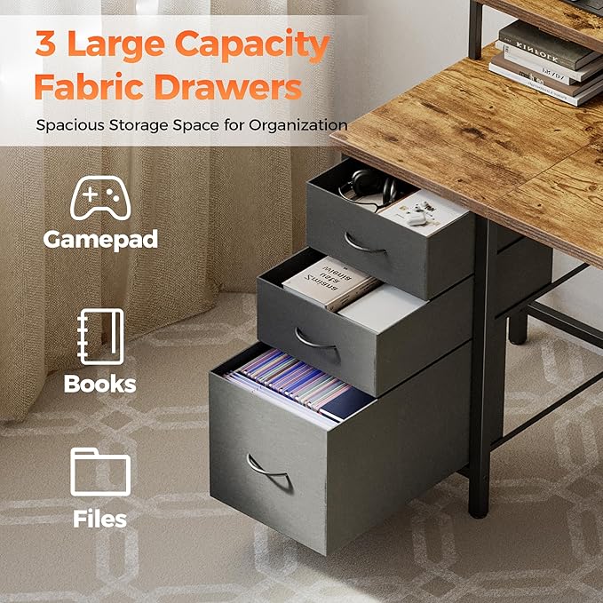 Mericonia Computer Desk 55 inch with Power Outlets & LED Lights, Gaming Desk with 3 Drawers for Home Office, Small Desk with Monitor Stand for Small Spaces, Study Writing Desk