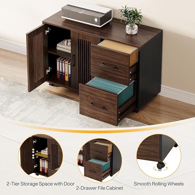 Tribesigns 63-Inch Executive Desk, Large Office Desk with Mobile File Cabinet, Modern L-Shaped Computer Desk Business Furniture with Door Storage Cabinet for Home Office, Dark Walnut & Black