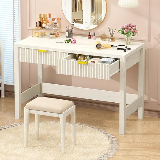 Fluted Computer Desk with 2 Drawers, 39 Inch Small Computer Desk with Storage, Compact Writing Study Vanity Desk for Small Spaces, White