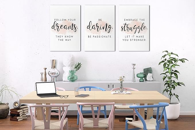 SHMAO Office Canvas Wall Art Motivational Wall Decor, 3 Piece Dreams Daring Struggle Print Pictures for Office Wall Decor Women Inspirational Framed Artwork Home Office Decor 16”x24”x3 Panels