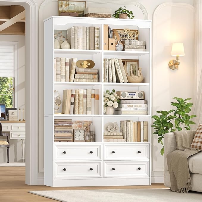 FINETONES 71" Tall Bookshelf with 4 Drawers, 6-Tier Double Wide Bookshelves and Bookcases with Storage, White Bookshelf Large Open Bookshelves Standing Book Cabinet for Home Office, White