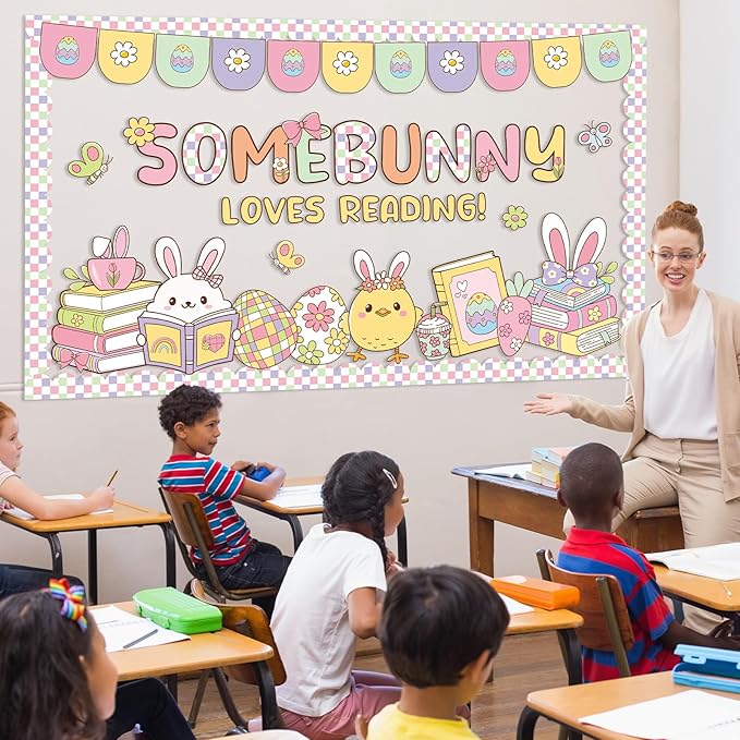 Easter Reading Bulletin Board Set Spring Classroom Decoration Easter Bunny Bulletin Board Egg Paper Cutouts for School Nursery Home Door Wall Party Chalkboard Wall Decor