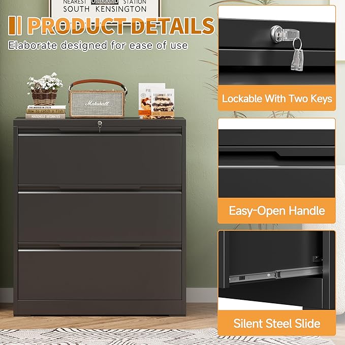 3-Drawer Metal File Cabinet with Lock,Steel Printer Stand with Storage for Home Office,Lateral Filing Cabinet for Legal/Letter/A4 Files,Assembly Required(35.43''W-3 Drawers,Black)