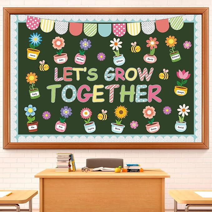 Pajean Spring Bulletin Board Let's Grow Together Classroom Decorations Growth Potted Plant Flower Paper Cutouts for Wall Door Window Home Elementary Preschool Teacher Supplies