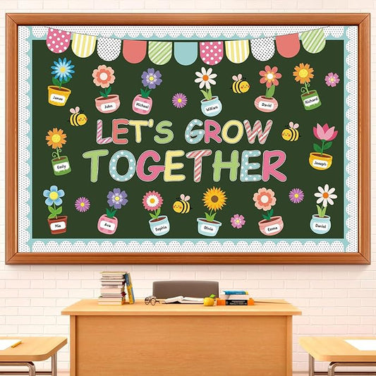 Pajean Spring Bulletin Board Let's Grow Together Classroom Decorations Growth Potted Plant Flower Paper Cutouts for Wall Door Window Home Elementary Preschool Teacher Supplies