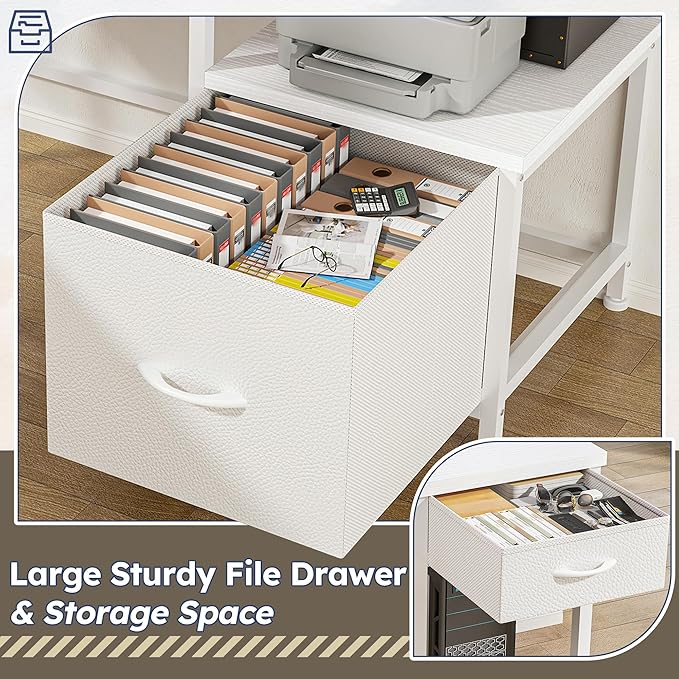 96.5'' Computer Desk with Drawers, Gaming Desk with LED Lights & Monitor Shelf, Office Desks with Power Outlets, L Shaped White Corner Desks for Home Office, Study Room and Bedroom, White