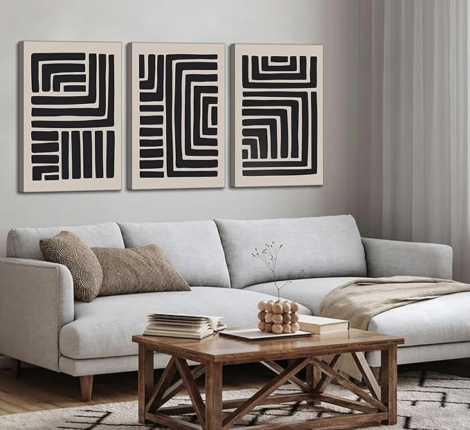 3 Pcs Boho Abstract Lines Canvas Wall Art Modern Neutral Minimalist Bohemian Black Geometric Line Picture Wall Decor Poster Print Artwork for Living Room Bedroom Office Home Decoration