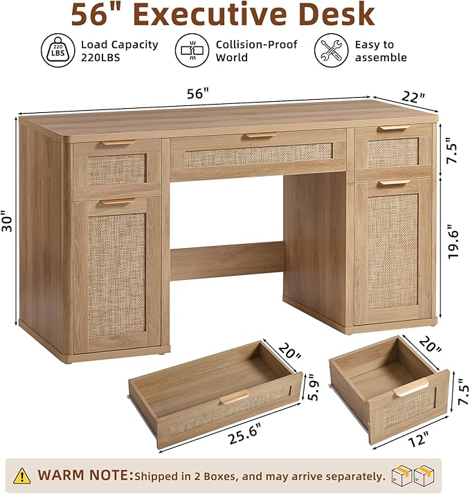 LEYAOYAO Office Desk 56" with 5 Drawers Storage File Cabinet Rattan Wood Desk for Computer Office Bedroom Home Furniture Natural