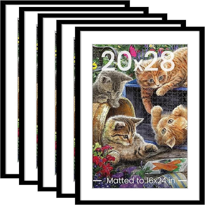 upsimples 20x28 Picture Frame Set of 5, Display Poster 16x24 with Mat or 50.8x71.1 cm Without, Wall Hanging 1000 Pieces Puzzles Frames, Black