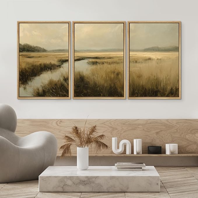 SIGNWIN Framed Canvas Print Wall Art Set Creek Through Golden Grasslands Illustrations Decorative Relax/Calm Zen for Living Room, Bedroom, Office - 16"x24"x3 NATURAL