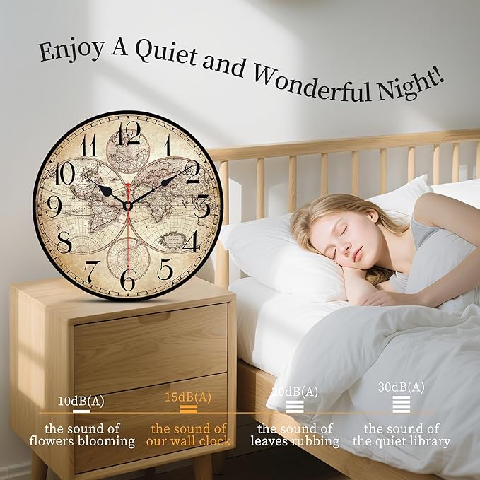 14 Inch Wooden Wall Clock Globe World Map Retro Vintage Rustic Wall Clocks Silent Non Ticking Clock Decorative for Kitchen Farmhouse Hotel
