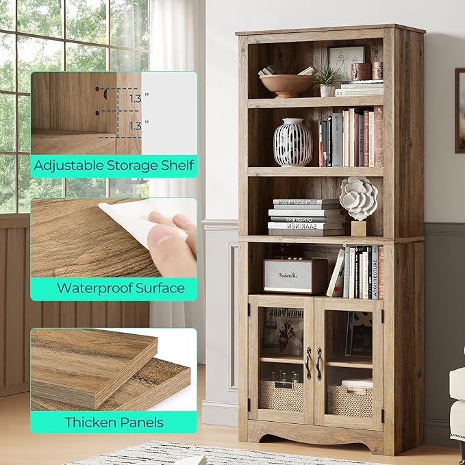LINSY Bookshelf with Doors, 6 Shelf Bookcase Tall Bookshelves, 73" Farmhouse Book Shelf with Storage Cabinet, Wood Book Shelves for Living Room, Bedroom, Office, Rustic Brown