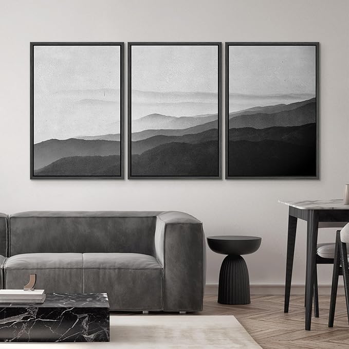 SIGNWIN Framed Canvas Print Wall Art Side of Mountain in Mist Nature Rocky Cozy Neutral Minimalism Contemporary Black and White for Living Room, Bedroom, Office - 24"x36"x3 Black
