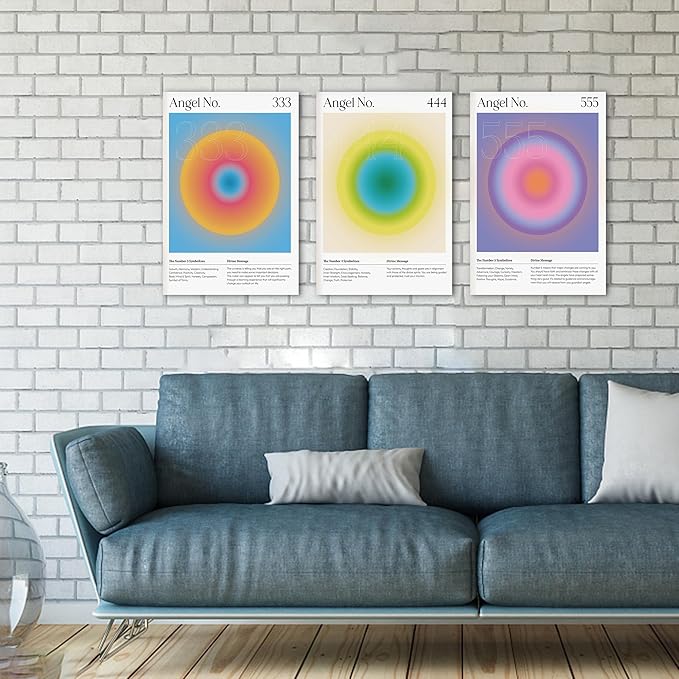 Colorful Gradient Aura Angel Numbers Poster Canvas Print Artwork Room Decor for Bedroom Aesthetic, 3 Piece Framed Inspirational Minimalist Art Paintings Decor for Bedroom Office 16"x24" x 3 Pcs