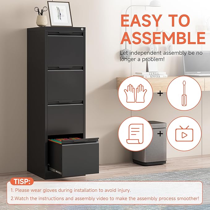 4 Drawer File Cabinet,Metal Vertical File Storage Cabinet with Lock,Filing Cabinets for Home Office,A4 Legal/Letter-Assembly Required/Black