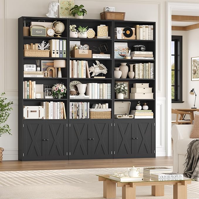 FACBOTALL 82" Tall Bookcase and Book Shelf, 24" Wide Bookshelf with Doors, 7 Tier Bookcase with Storage and Adjustable Shelf, Open and Display Farmhouse Bookshelf for Living Room, Home Office, Black