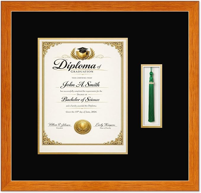CountryArtHouse Diploma and Tassel Frame Fits 8.5 x 11 Certificate (Portrait) with Tassel Hook Honey Oak Genuine Hardwood Shadowbox with Black Over Metallic Gold Double mat