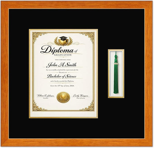 CountryArtHouse Diploma and Tassel Frame Fits 8.5 x 11 Certificate (Portrait) with Tassel Hook Honey Oak Genuine Hardwood Shadowbox with Black Over Metallic Gold Double mat