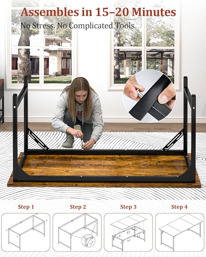 Computer Desk, 55.1" Office Desk, Extra Wide 23.62” Deep Desktop, 0.59” Thick Heavy-Duty Home Office Desks, Office Table with Steel Frame, Modern Wood PC Desk for Bedroom Study Writing Gaming Work