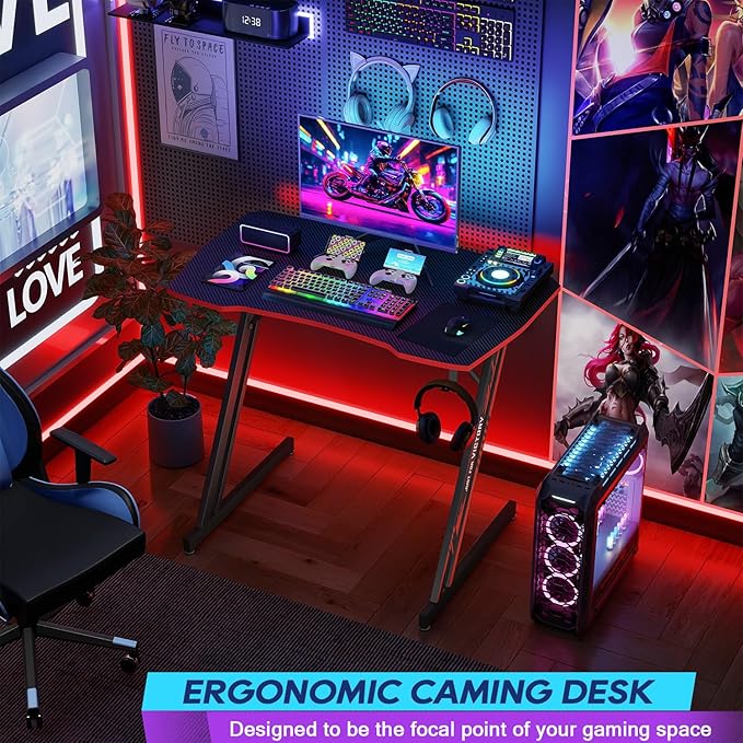 BestOffice Gmaing Desk 35 in PC Computer Desk Z Shaped Gaming Workstation Ergonomic Gaming Table with Headphone Hook for Home Office,Black&Red