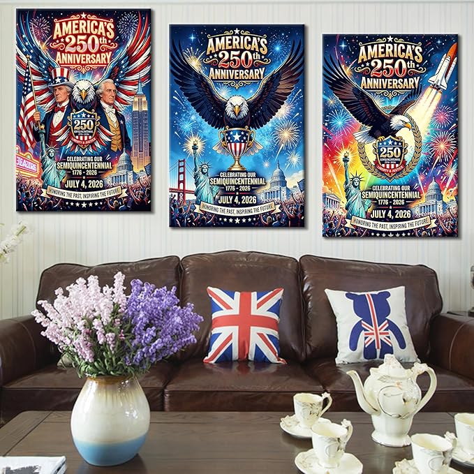 DINGFUN Patriotic Wall Decor 3 Piece Canvas Art, 1776-2026 America's 250th Anniversary Semiquincentennial Framed Large Painting, USA Historical Celebration Print for Living Room, 72x36 Inch