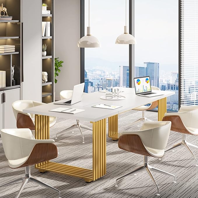 Tribesigns 70.9" Modern Office Desk, Wooden Computer Desk, White Executive Desk with Gold Metal Legs, Large Workstation for Home Office, Study Writing Desk, Small Conference Table for Meeting Room