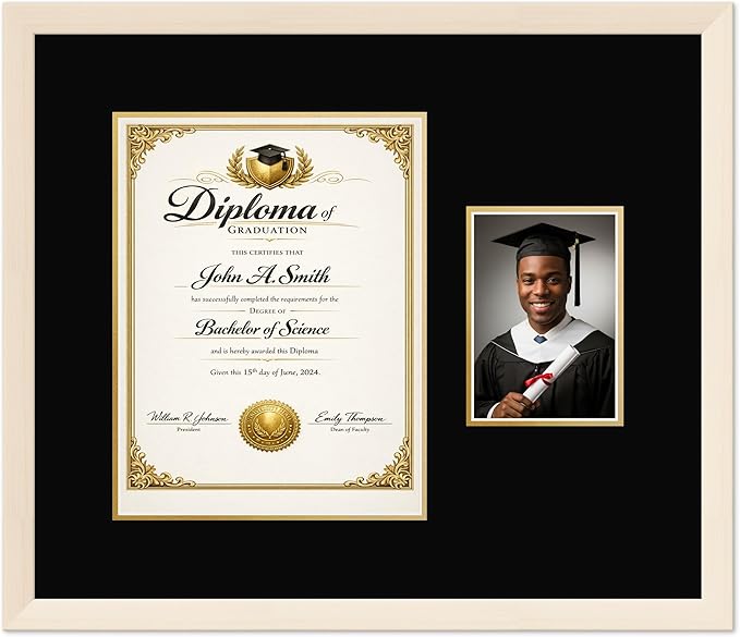 CountryArtHouse Fits 10 x 13 College Diploma (Portrait Traditional) and 5 x Diploma and Photo Frame Coastal Whitewash Genuine Hardwood with Black Over Metallic Gold Double mat