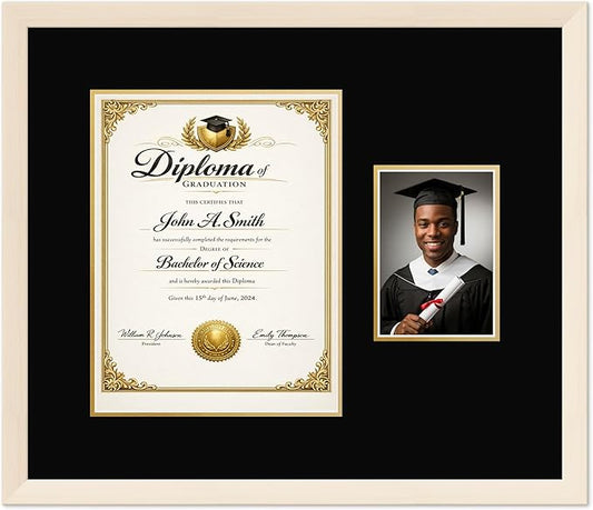 CountryArtHouse Fits 10 x 13 College Diploma (Portrait Traditional) and 5 x Diploma and Photo Frame Coastal Whitewash Genuine Hardwood with Black Over Metallic Gold Double mat