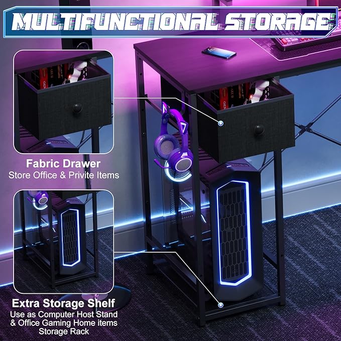 X-cosrack 33.5" Small Gaming Desk with LED Lights & Power Outlets, Compact Computer Desk with Monitor Stand & CPU Stand, Gamer Table with Storage Drawer, Side Hooks for Home Office, Bedroom, Black