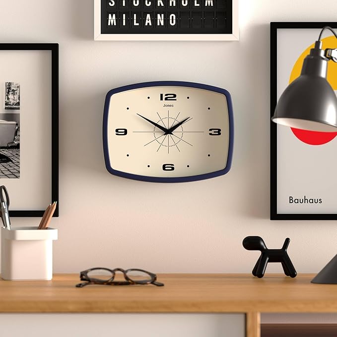 JONES CLOCKS® Movie Wall Clock | Rectangular Retro Clock | 25cm | Blue | Cool mid-Century Designer Look for Kitchen, Living Room or Office