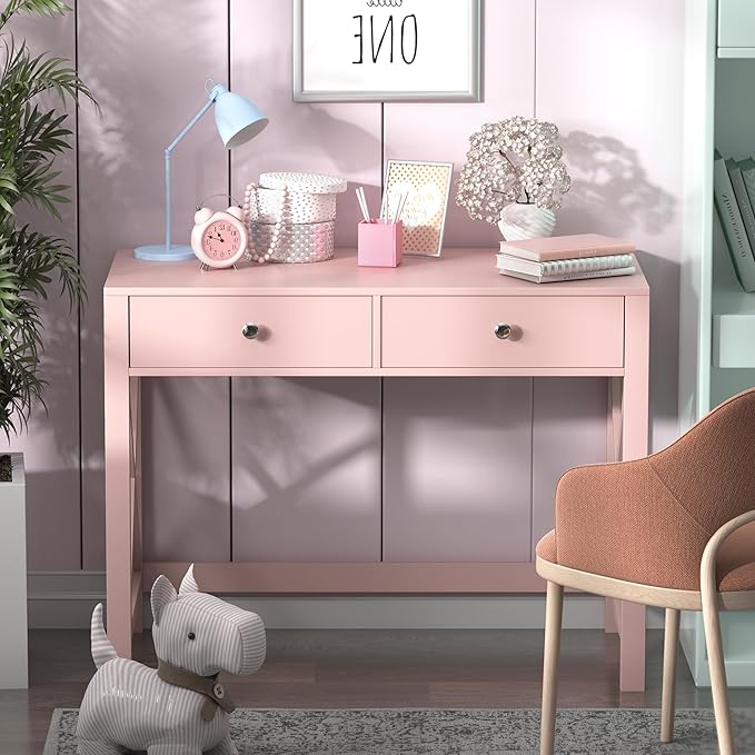 WiberWi Home Office Desk with Drawers, Modern Writing Computer Desk for Bedroom, Small Pink Makeup Vanity Table for Girls, Study Table for Home Office