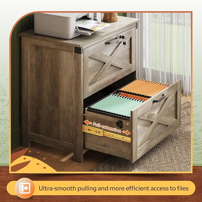 DEVAISE 2 Drawer File Cabinet, Lateral Wood Filing Storage Cabinet with Lock, Farmhouse Printer Stand for Home Office Fits Letter/Legal/A4 Size, Gray Oak
