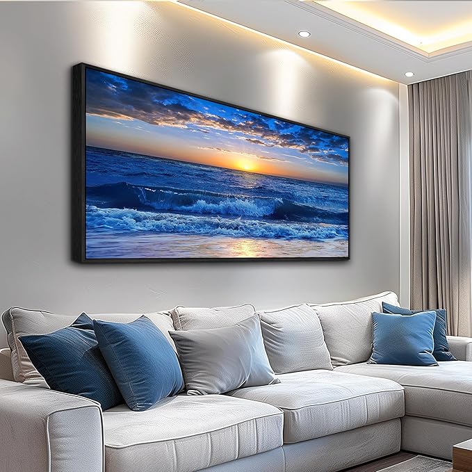 Sea Beach Framed Canvas Wall Art For Living Room Large Size Wall Decor For Bedroom Office Decor Blue Ocean Wall Pictures Artwork Sunny Sea View Wave Painting Home Decorations Black Framed 24" X 48"