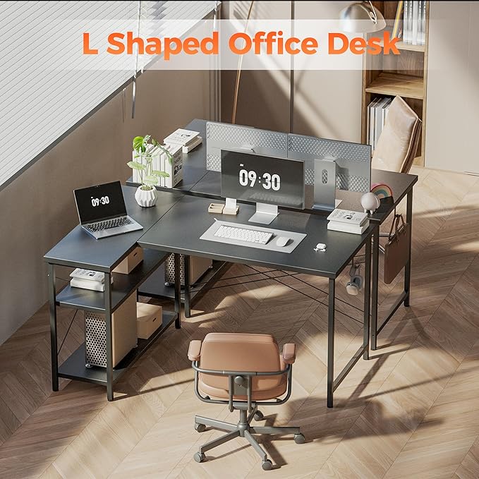 Mericonia Small L Shaped Computer Desk, Reversible Gaming Desk with Storage Shelves, Corner Gamer Desk Table, Study Writing Table