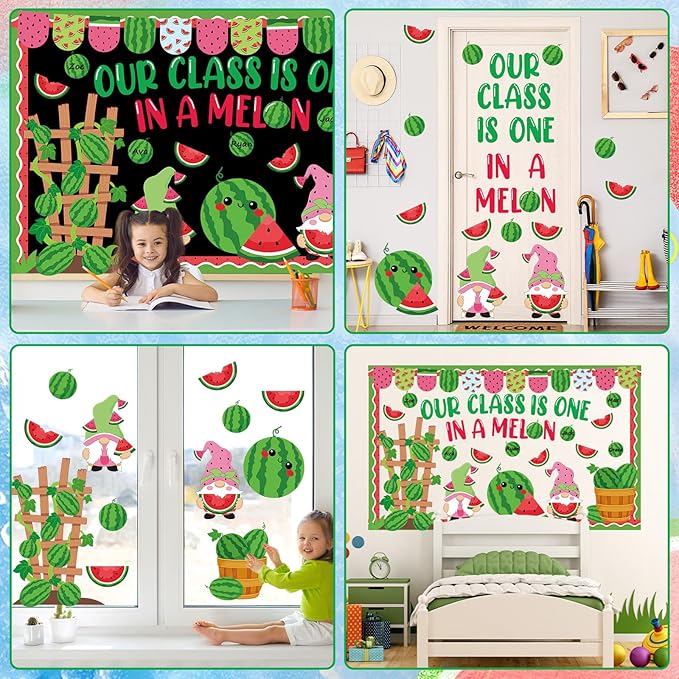 gisgfim Watermelon Bulletin Board Decorations Set Our Class is One in a Melon Classroom Paper Cutouts Welcome Back to School Melon Gnome Bulletin Board Decor for Summer Nursery Door Chalkboard Wall